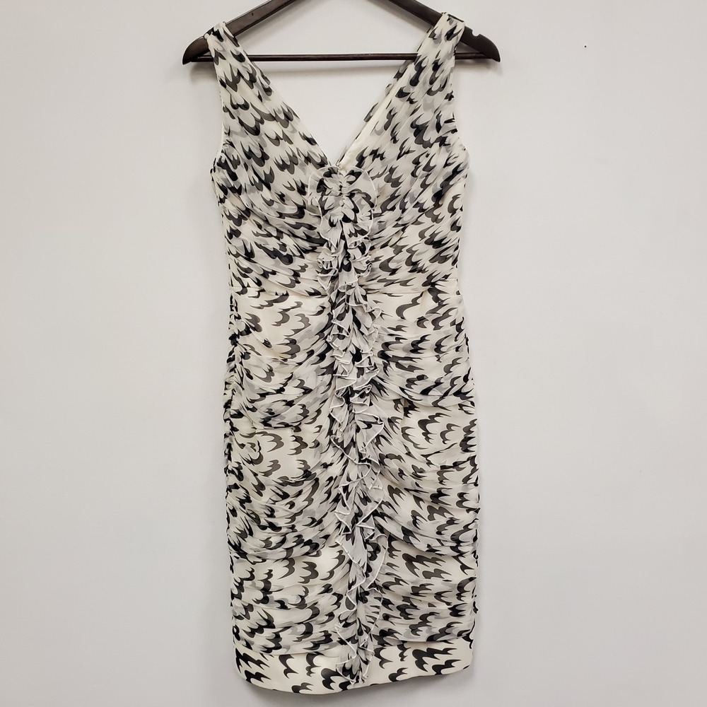 Carmen Marc Valvo Womens Sleeveless‎ V Neck Silk Ruffle Dress Size 6 Black White